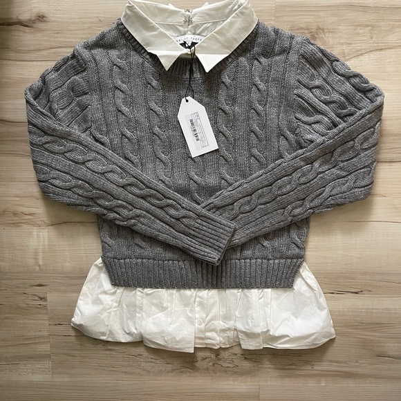English Factory Sweaters - English Factory Gray Cable Knit Sweater with White Trim